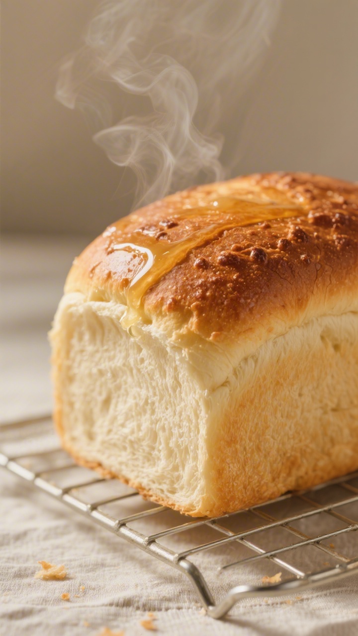 Close-up detail: Golden, freshly baked white bread loaf just out of the pan, crust brushed with melt