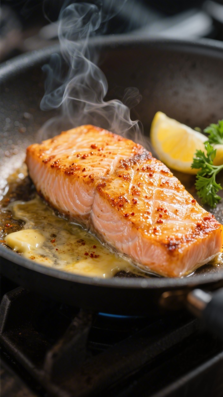 Close-up detail: Golden pan-seared salmon fillet sizzling in a skillet, skin-side down with a deeply