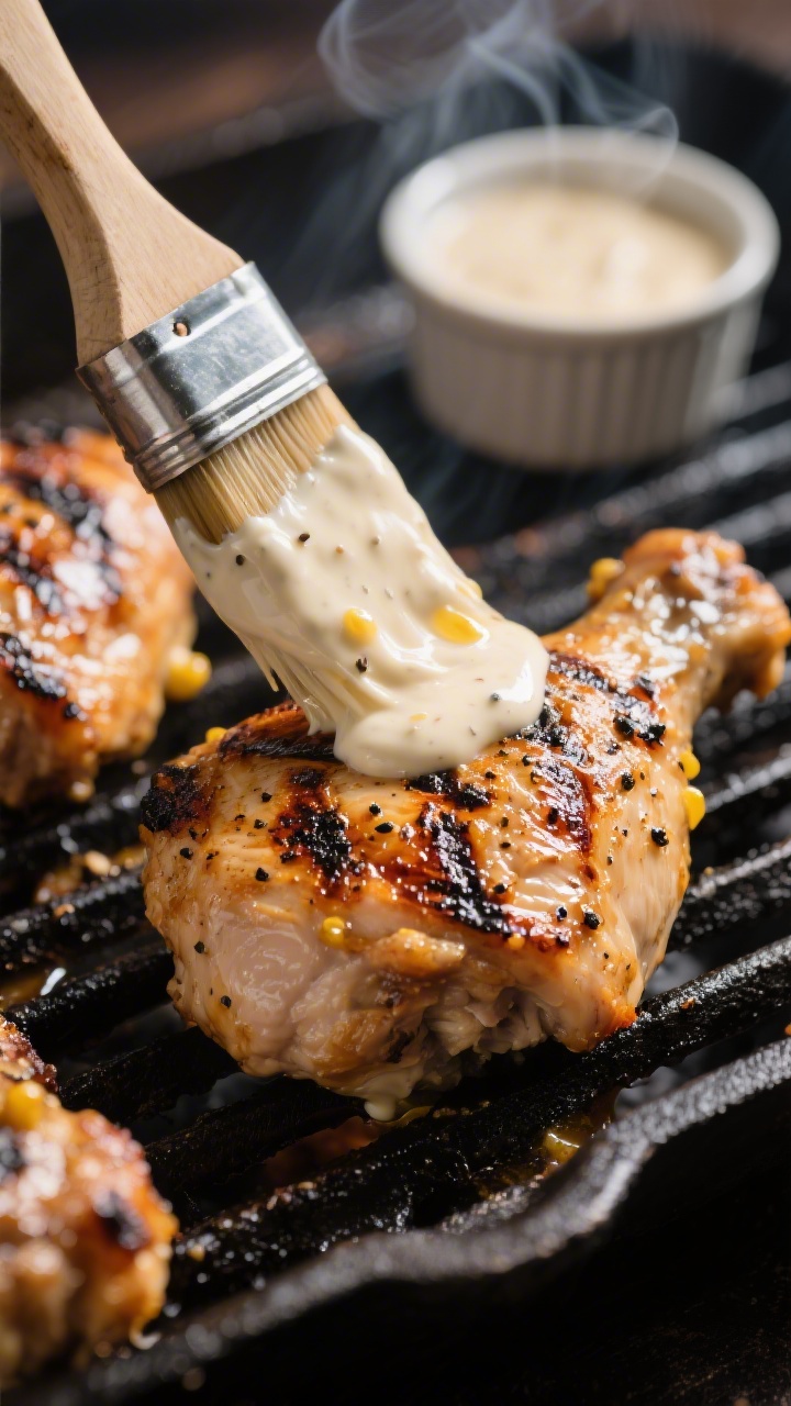 Close-up detail: Juicy grilled chicken thighs hot off the grill being brushed generously with creamy