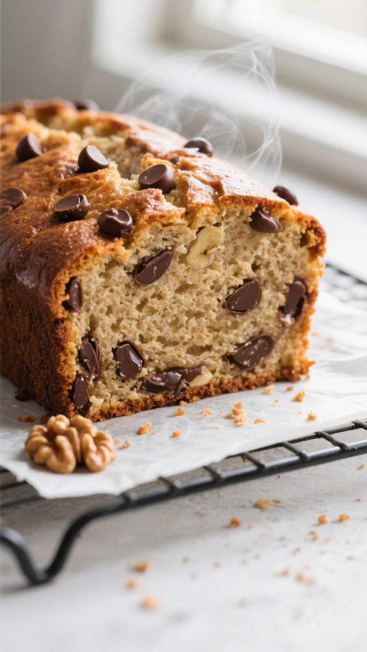 Close-up detail of a freshly baked chocolate chip banana bread slice just cut from the loaf, showing