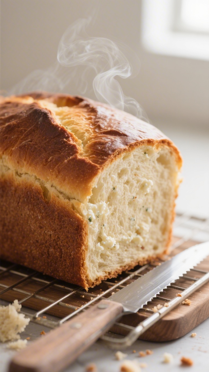 Close-up detail of freshly baked cottage cheese bread just out of the loaf pan, golden deep-brown cr