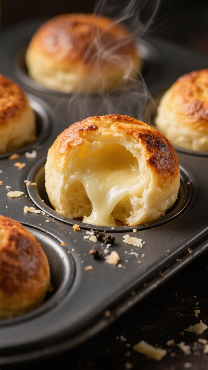Close-up detail shot of freshly baked mini pão de queijo just out of a greased mini muffin tin, top