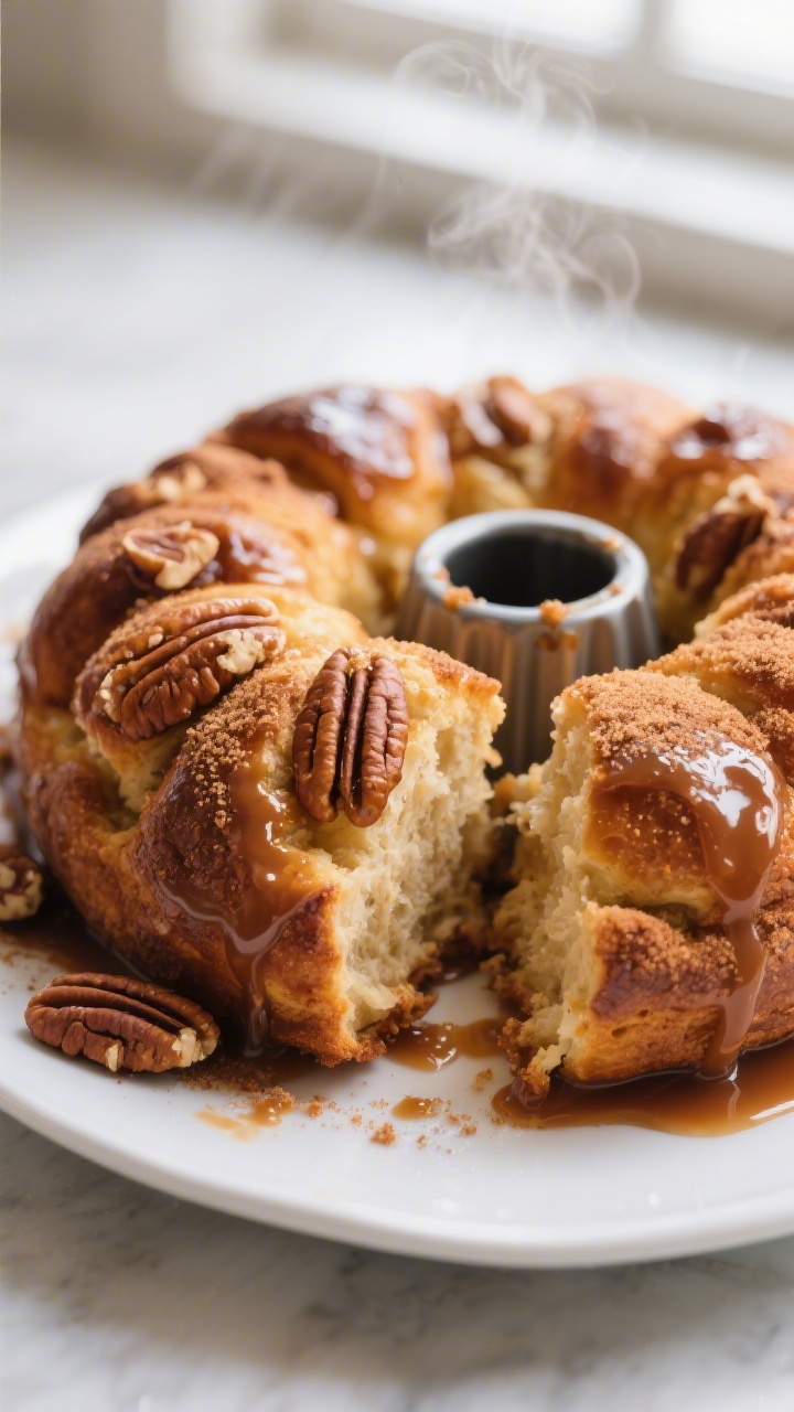 Close-up detail shot of freshly baked monkey bread just unmolded from a bundt pan, golden-brown cara