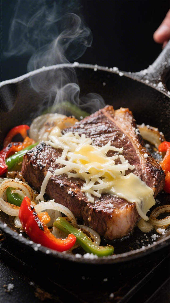 Close-up detail shot of sizzling shaved ribeye, caramelized onions, and red/green bell peppers in a 