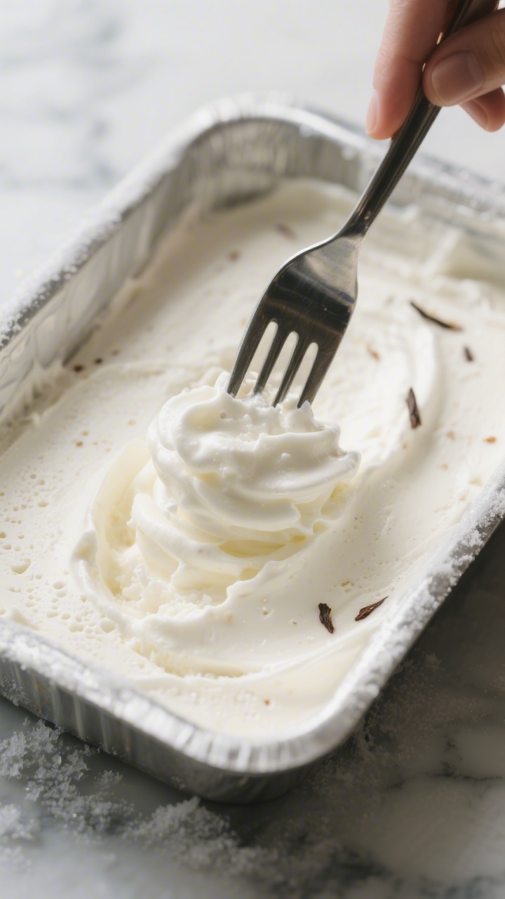 Close-up detail: Silky high-protein ice cream base mid-freeze in a shallow metal pan, soft-serve sta