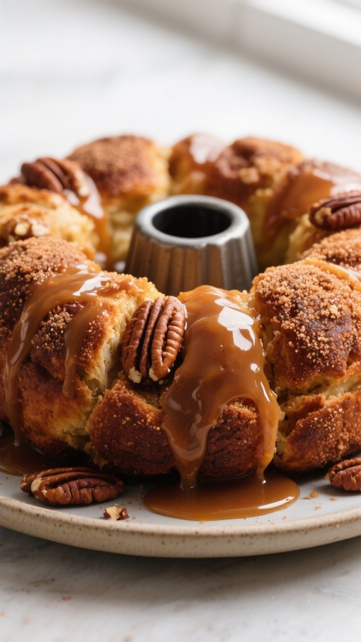 Close-up detail: Warm monkey bread just unmolded from a bundt pan, glossy caramel glaze cascading do