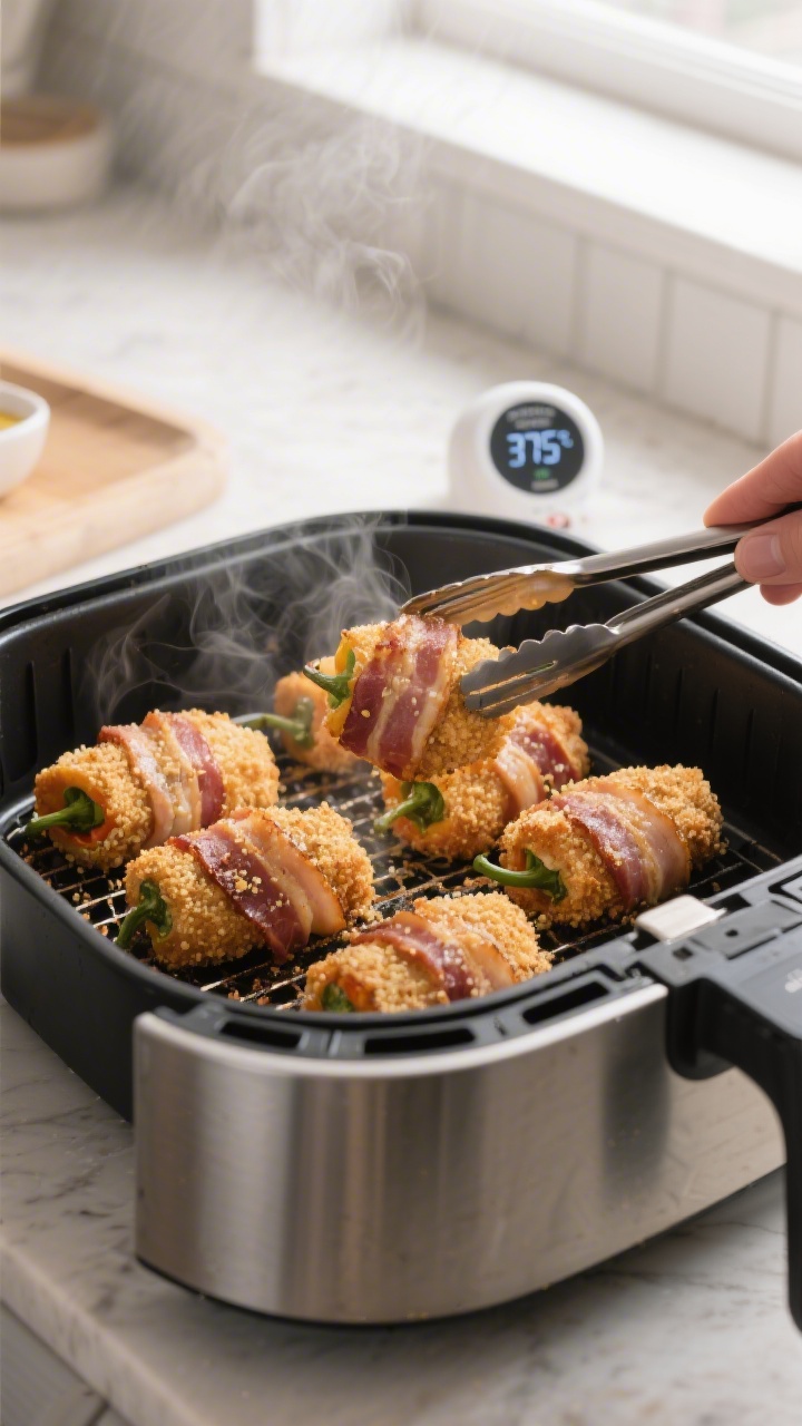 Cooking process: Air fryer basket scene with several breaded, bacon-wrapped Range Rattlers midway th