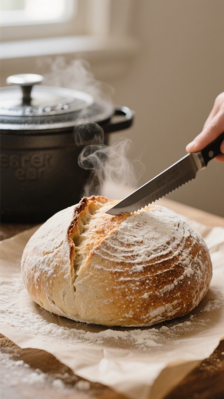 Cooking process close-up: A taut, shaped sourdough boule being scored on parchment with a sharp lame