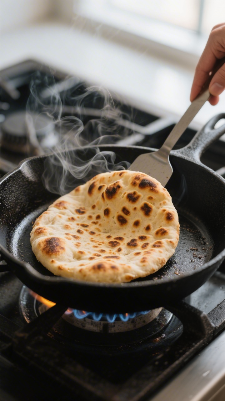 Cooking process, close-up detail: A cast-iron skillet on medium-high heat with a single naan-style f