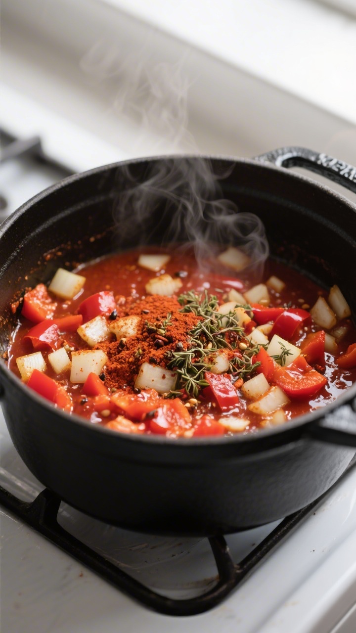 Cooking process close-up: Dutch oven with sautéed diced onion and red bell pepper coated in tomato 