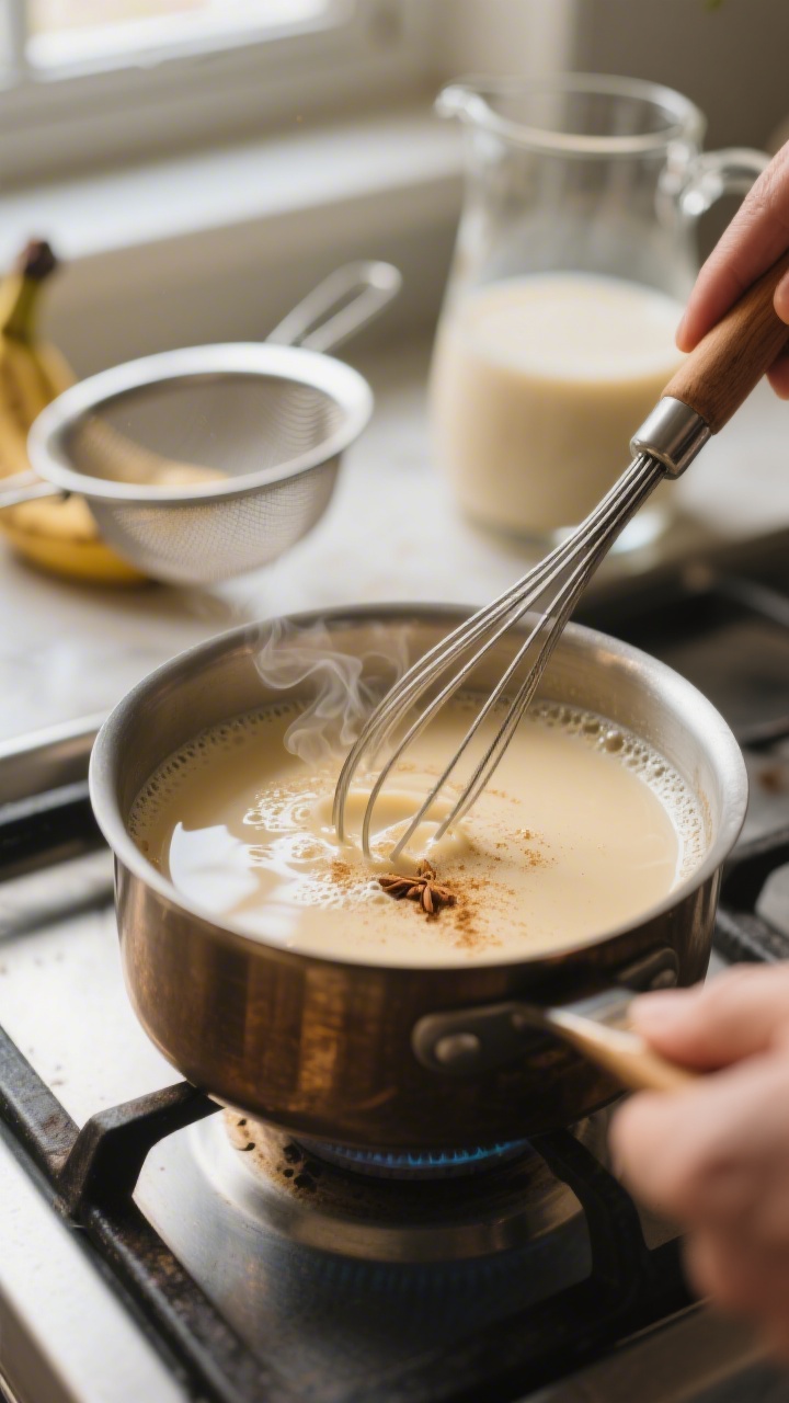 Cooking process close-up: Glossy banana-spice milk being whisked in a small saucepan over low heat, 