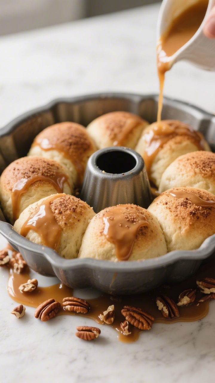 Cooking process: Coated dough balls layered in a greased bundt pan after the second rise, slightly p