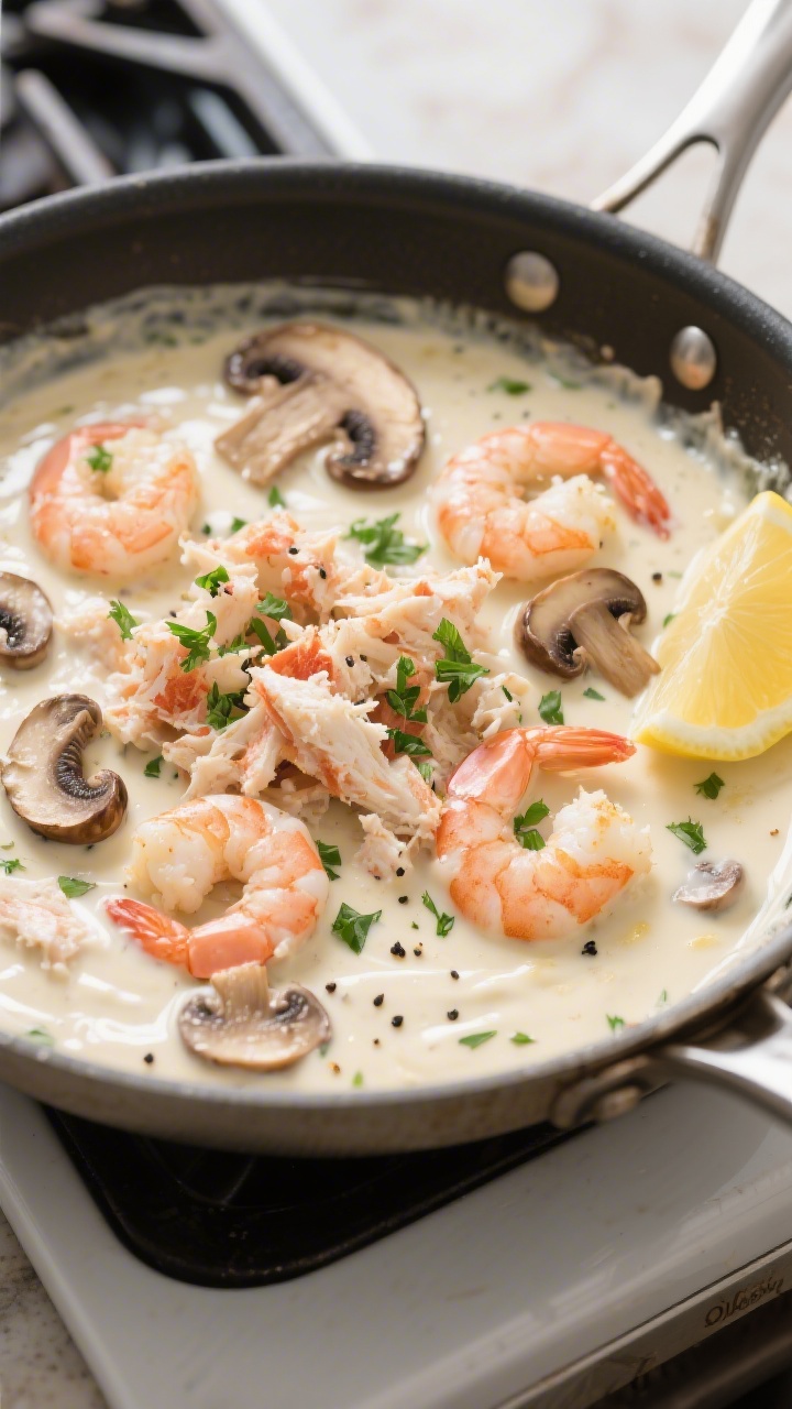 Cooking process: Creamy Alexander sauce simmering in a wide sauté pan—browned cremini mushrooms, 
