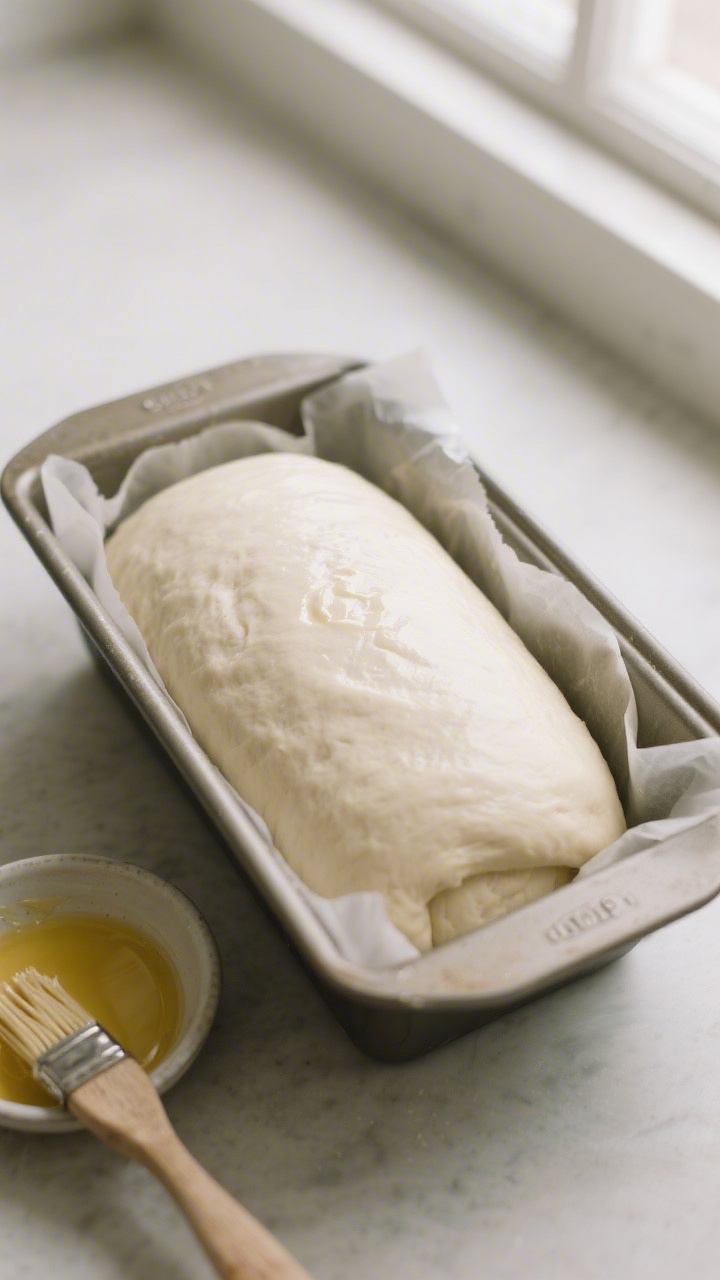 Cooking process: Overhead shot of a perfectly shaped white bread dough roll nestled in a greased 9x5