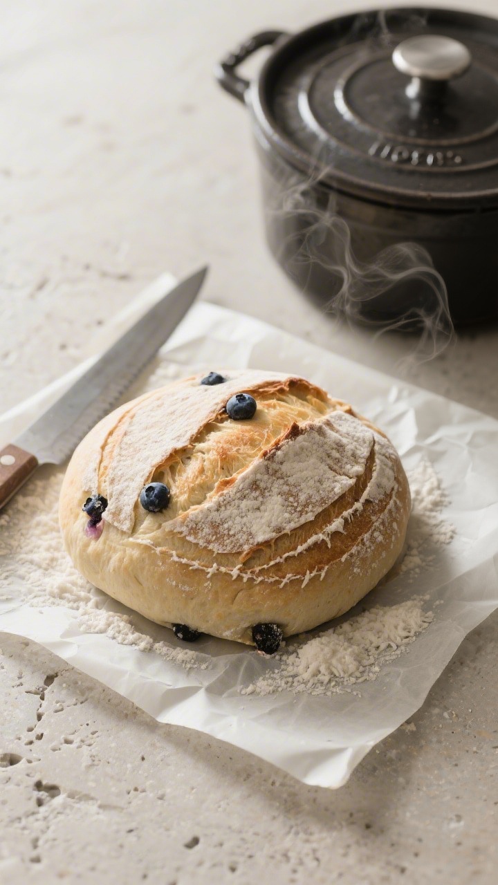 Cooking process: Overhead shot of the shaped blueberry lemon sourdough on parchment right before bak