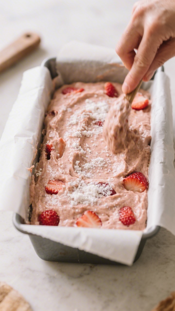 Cooking process: Overhead shot of the thick, lumpy strawberry bread batter being smoothed into a par