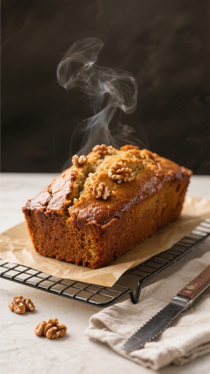 Final dish beauty shot: A golden, deeply caramelized loaf of healthy banana bread just out of the ov