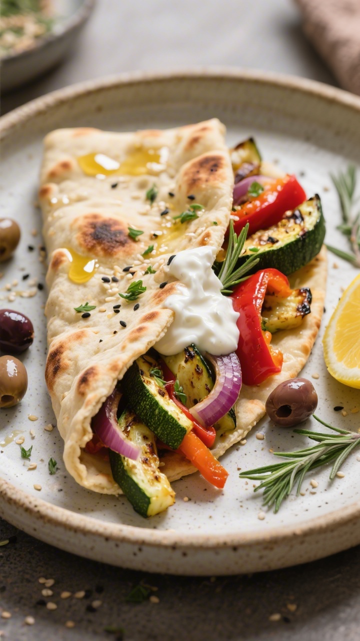 Final dish, plated serving: Beautifully plated garlic herb naan-style flat bread folded around grill