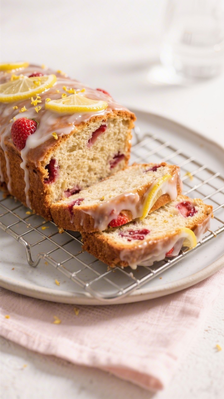 Final dish presentation: Beautifully cooled strawberry bread loaf on a wire rack with a glossy lemon