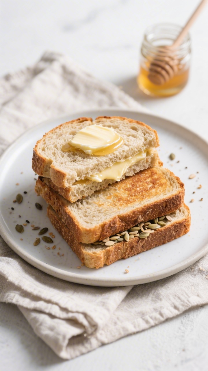 Final dish presentation: Beautifully plated sourdough discard sandwich bread slices arranged in a ne