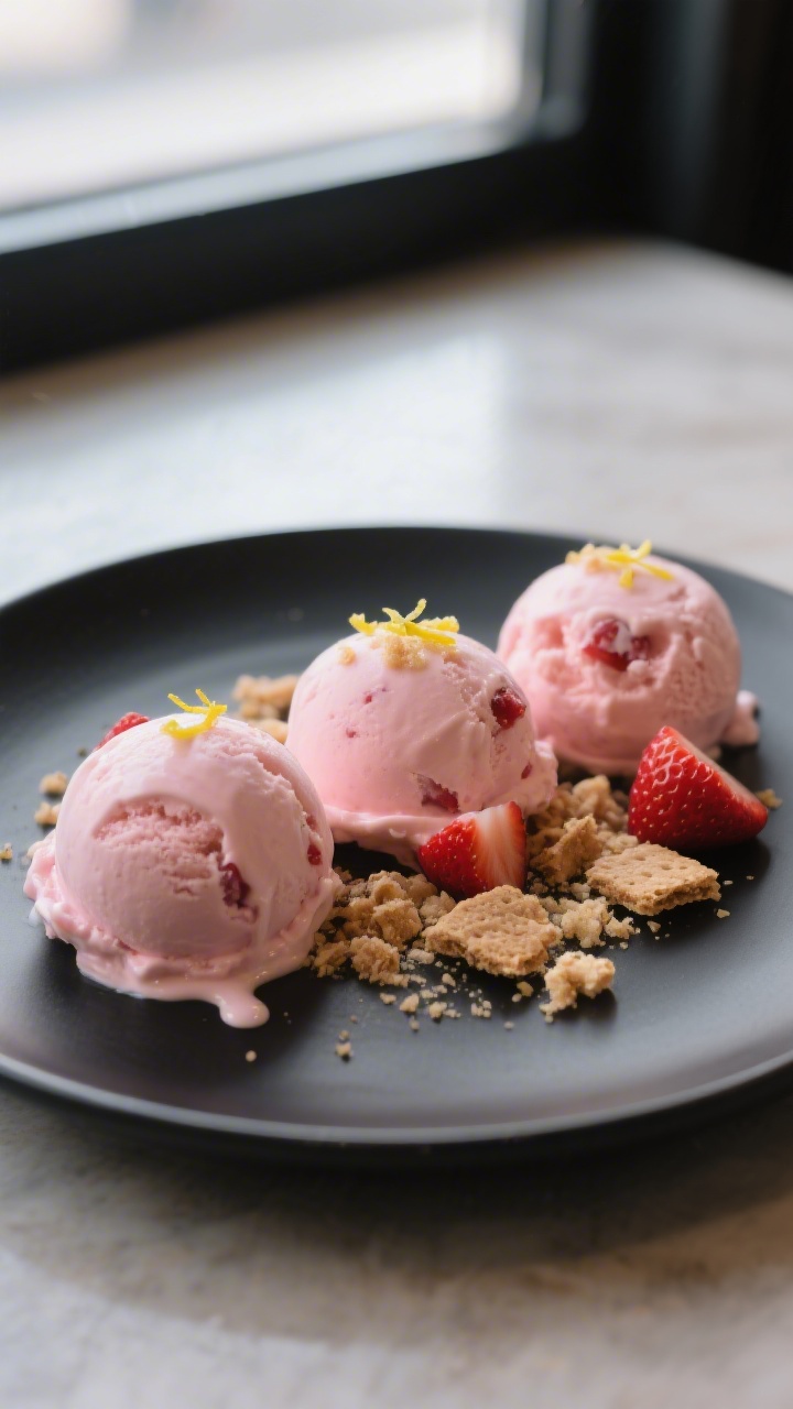 Final dish presentation: Beautifully plated Strawberry Cheesecake high-protein ice cream—three rou