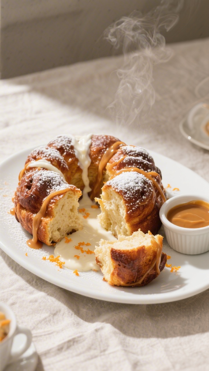 Final dish presentation: Overhead brunch scene of the finished monkey bread on a white serving platt