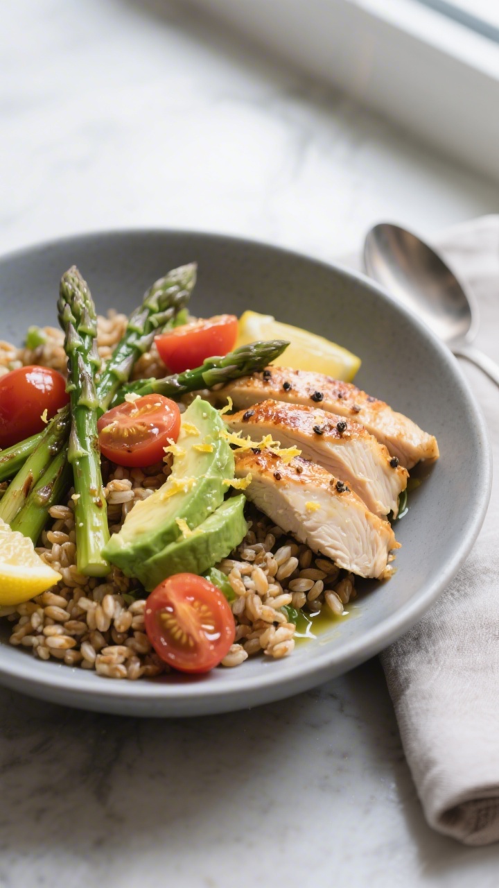 Final dish presentation: Restaurant-quality grain bowl with warm farro, roasted asparagus tips, cher