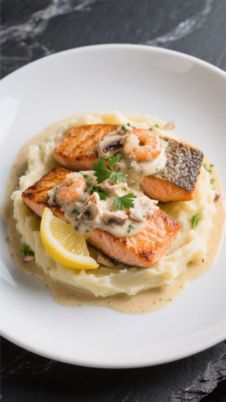 Final dish presentation: Restaurant-quality plate of Salmon Alexander—two perfectly seared salmon 