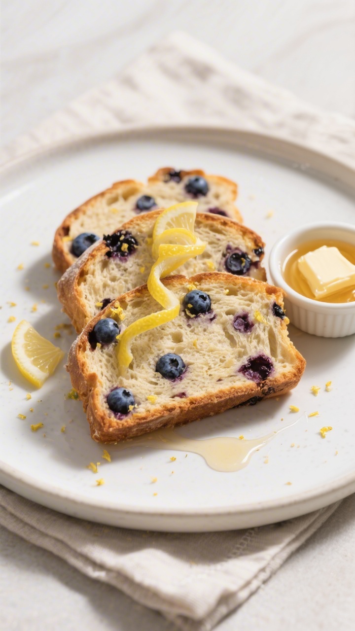 Final dish presentation: Restaurant-quality plated slices of blueberry lemon sourdough arranged on a