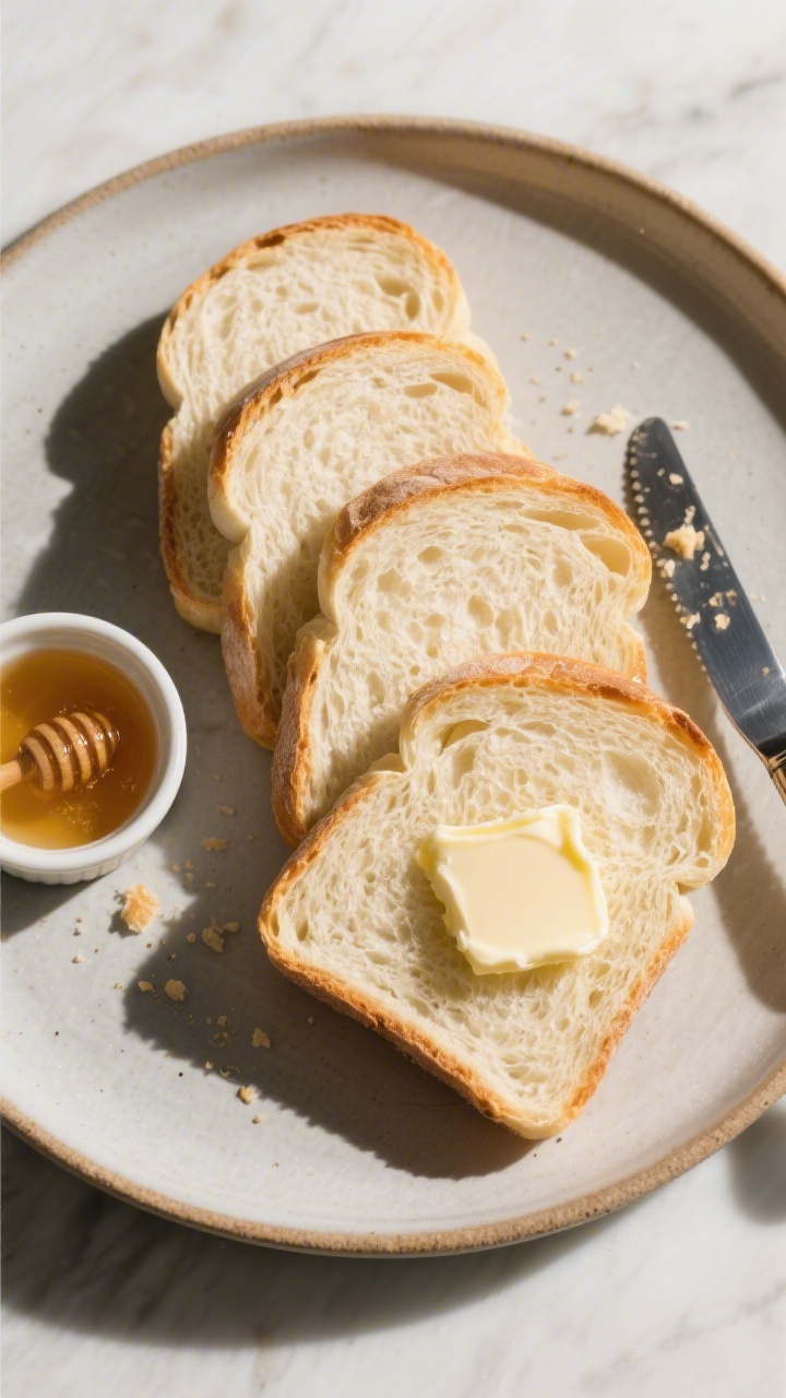Final dish presentation: Restaurant-quality top-down shot of thick and thin slices of soft white bre