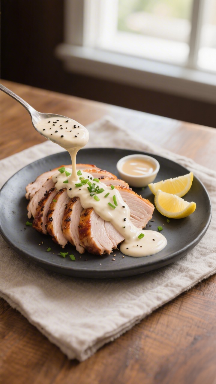 Final dish presentation: Sliced smoked turkey breast fanned on a matte charcoal plate, spooned with 