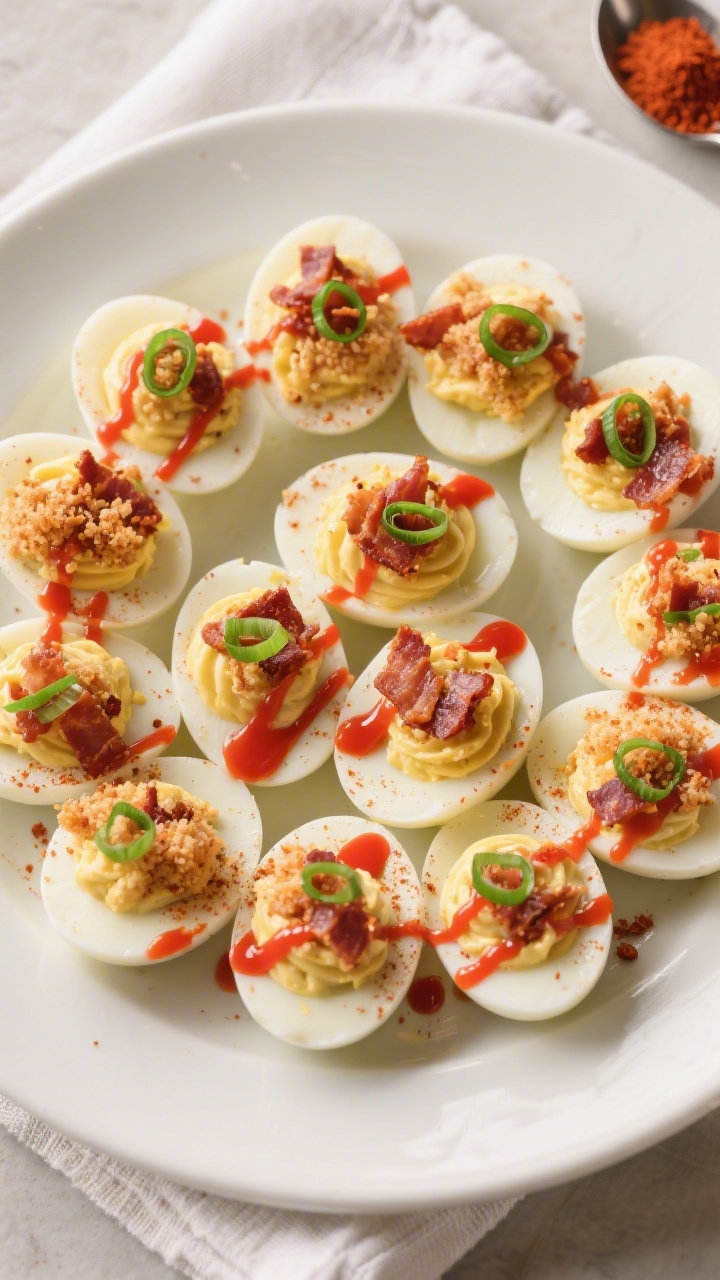 Final dish, top view: Overhead platter of Yard House–style deviled eggs arranged in a tight spiral