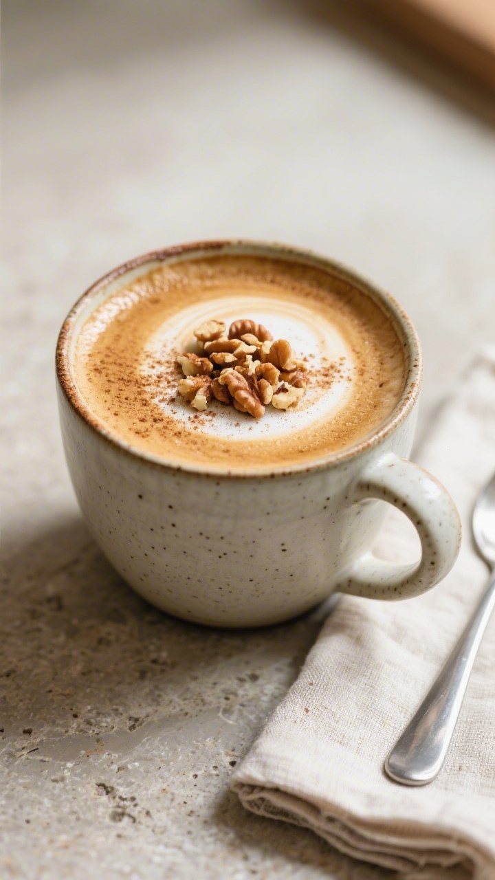 Final latte beauty shot: Banana Bread Latte in a wide ceramic mug with a thick, velvety micro-foam c