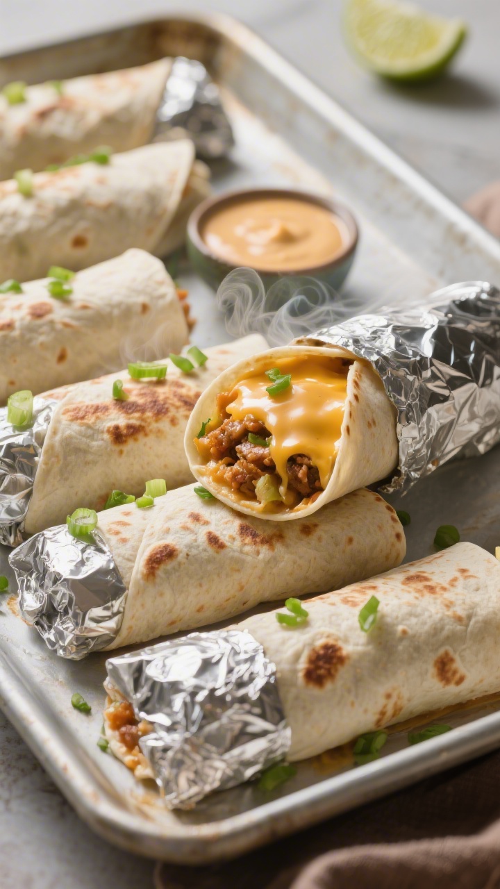 Final plated hero shot at a 3/4 angle of multiple make-ahead burritos arranged on a sheet pan, each 