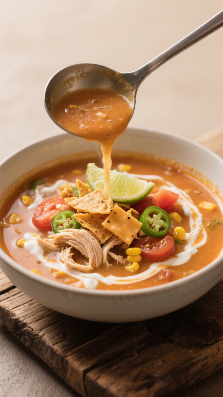 Final plated hero: Three-quarter angle, tight composition of a ladle pouring the finished soup into 