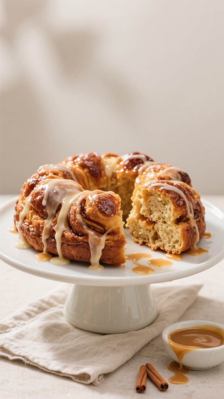 Final plated presentation of warm monkey bread on a cake stand with a light vanilla glaze drizzle an