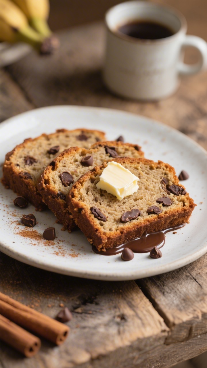 Final plated presentation: thick slices of chocolate chip banana bread arranged slightly overlapped 