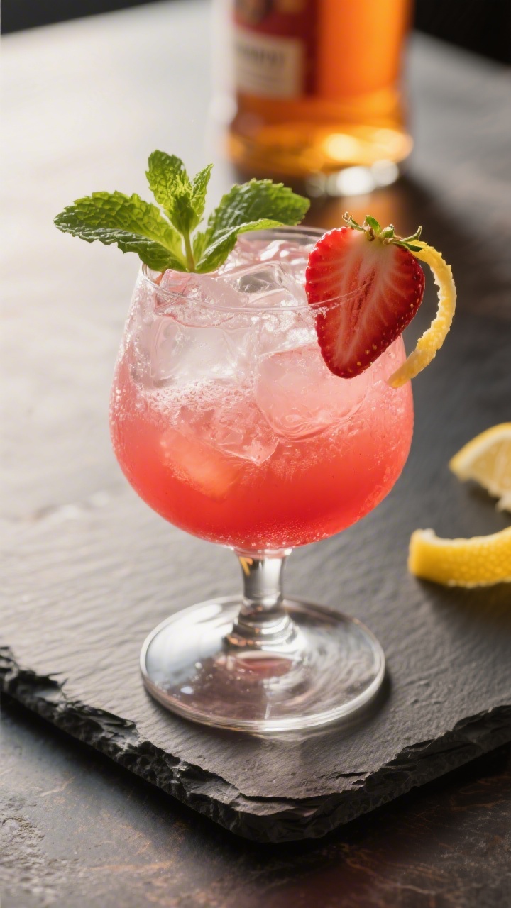 Final presentation: Restaurant-quality beauty shot of the Strawberry Henny served in a stemless wine