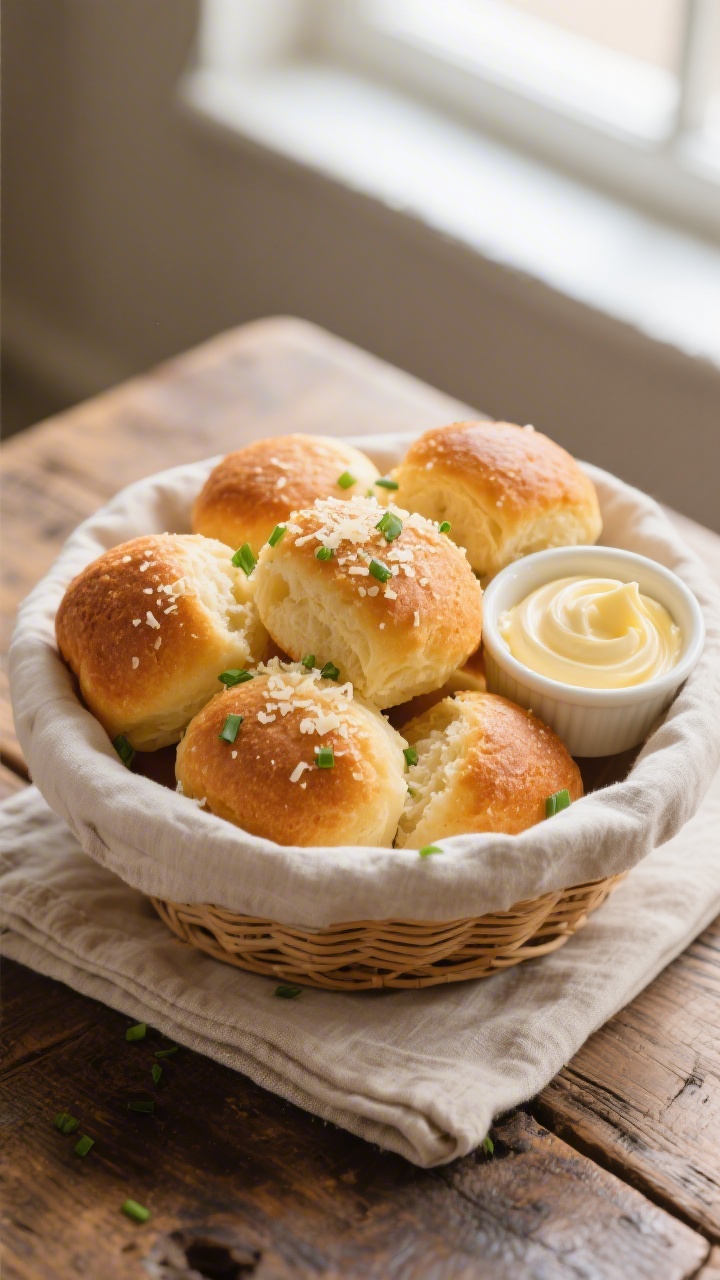 Overhead “basket service” presentation of Texas de Brazil–style cheese bread piled in a linen-