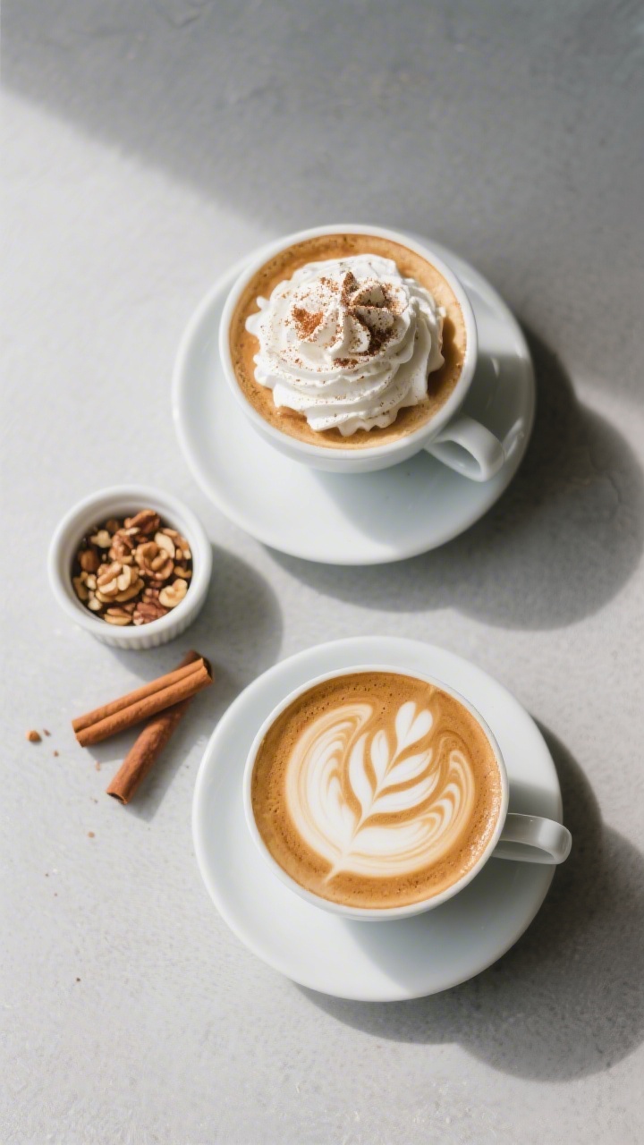 Overhead serving scene: of two Banana Bread Lattes—one topped with whipped cream and cinnamon, the