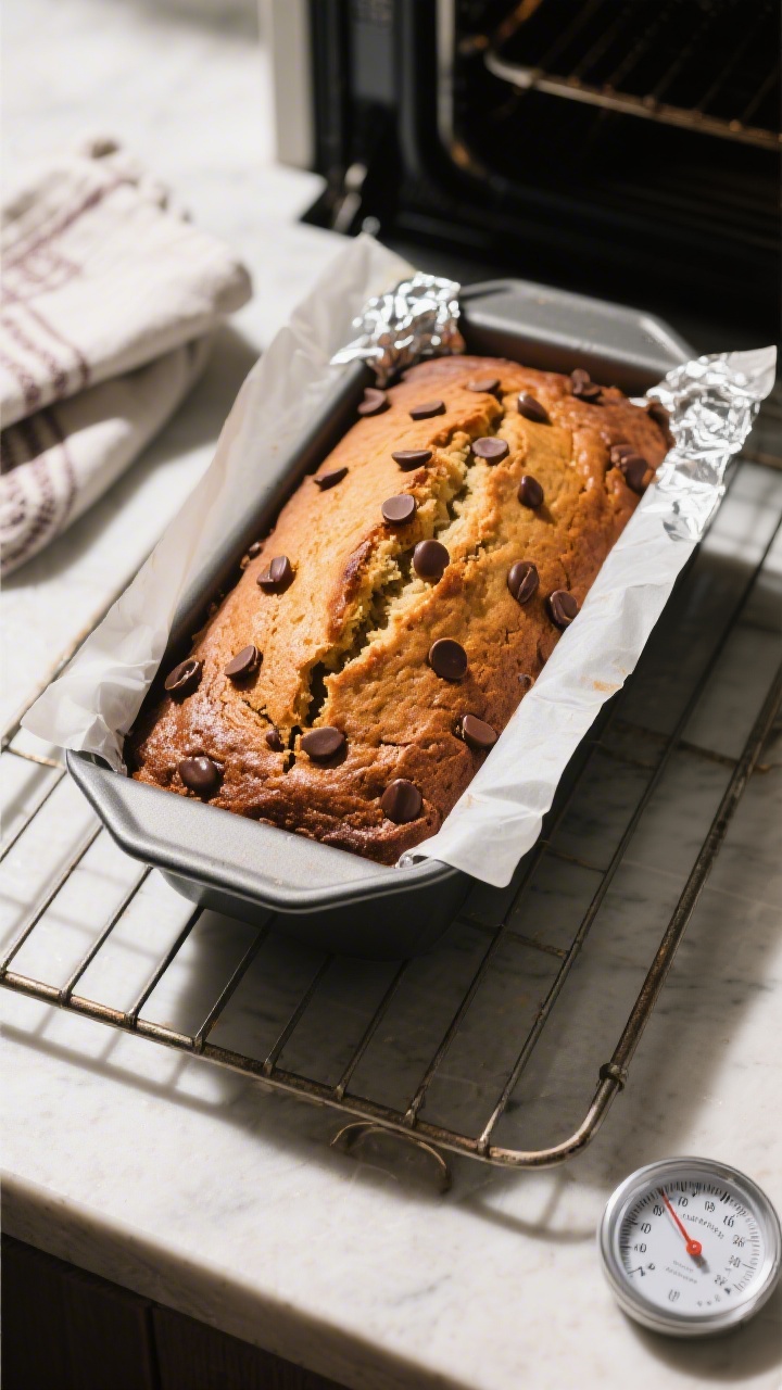 Overhead shot of the loaf pan just out of the oven on the center of a cooling rack, parchment sling 
