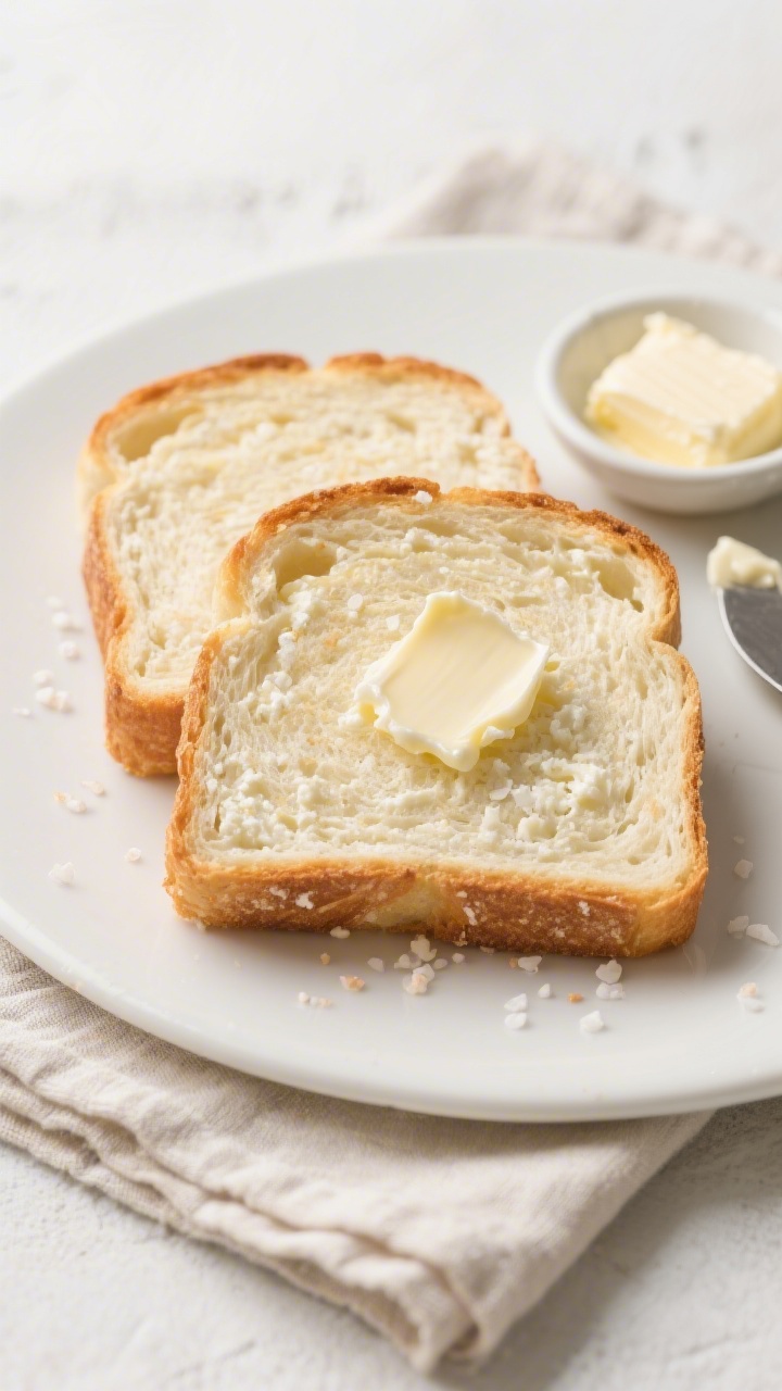 Overhead shot of thick slices of cottage cheese bread toasted to light golden edges, topped with sof