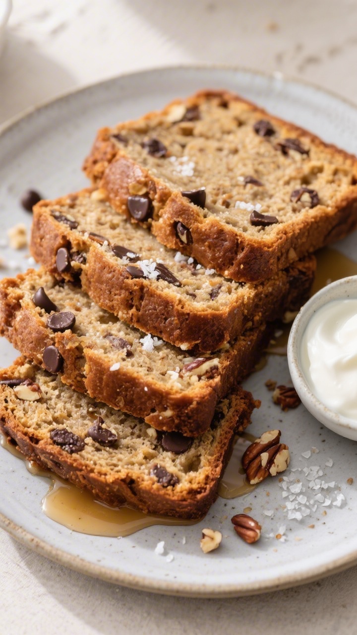 Overhead sliced presentation: of several thick slices of banana bread arranged slightly overlapped o