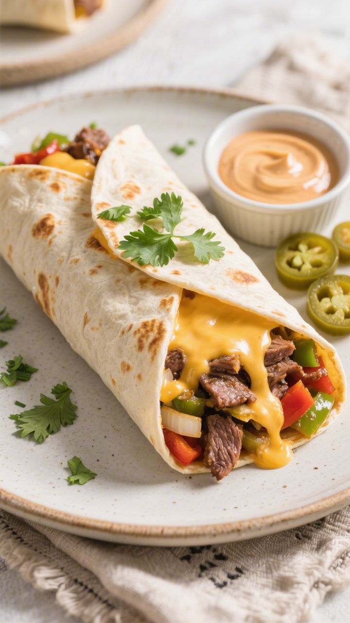 Overhead “tasty top view” of an assembled Texas cheesesteak burrito sliced in half, cheese pull 