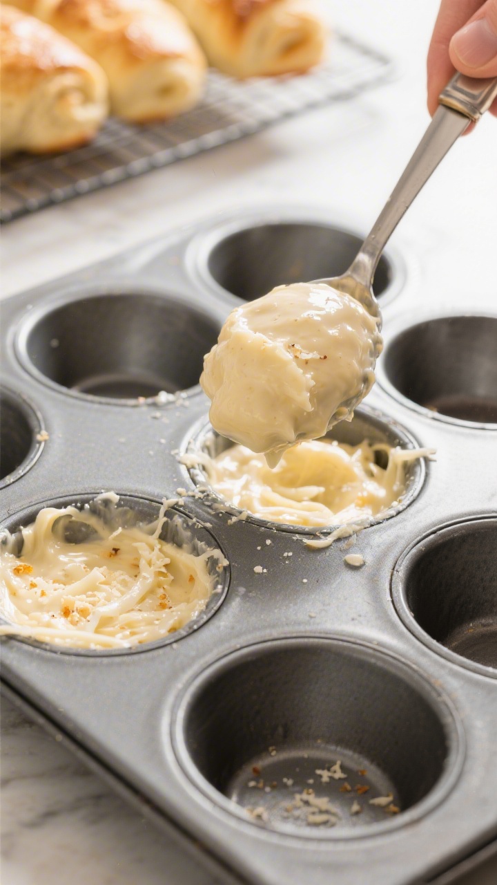 Process action shot of the batter being portioned into a standard muffin tin: thick, glossy tapioca-
