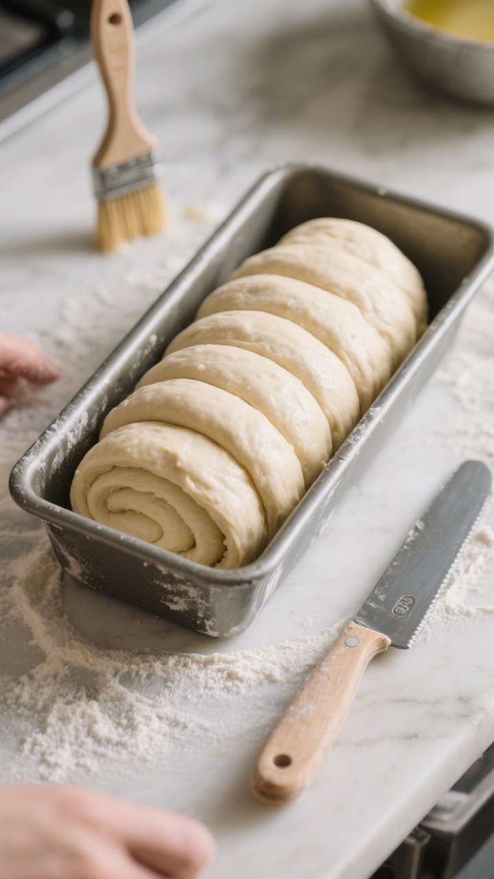 Process shot: shaping the risen dough into a tight jelly-roll loaf on a lightly floured surface, sea