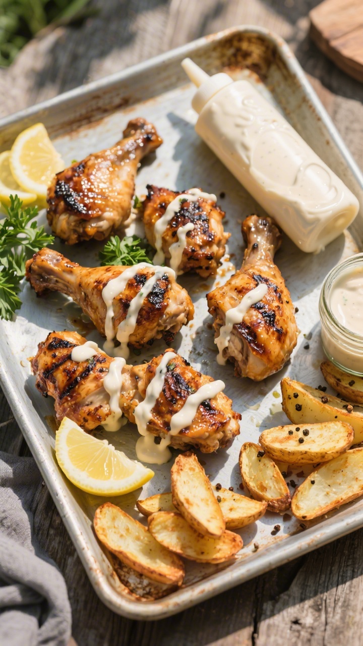 Tasty top view: Overhead shot of a backyard-ready platter—grilled bone-in chicken pieces glazed wi