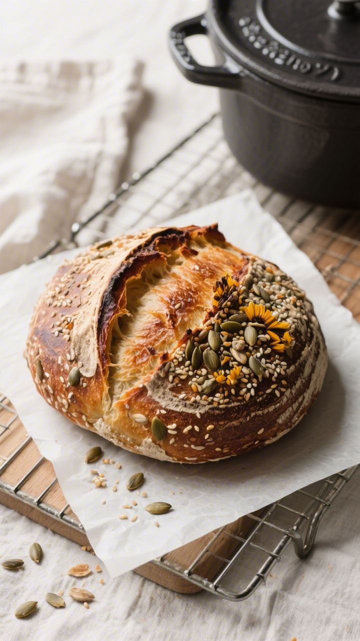 Tasty top view: Overhead shot of a just-baked sourdough loaf from a Dutch oven, crust deeply caramel