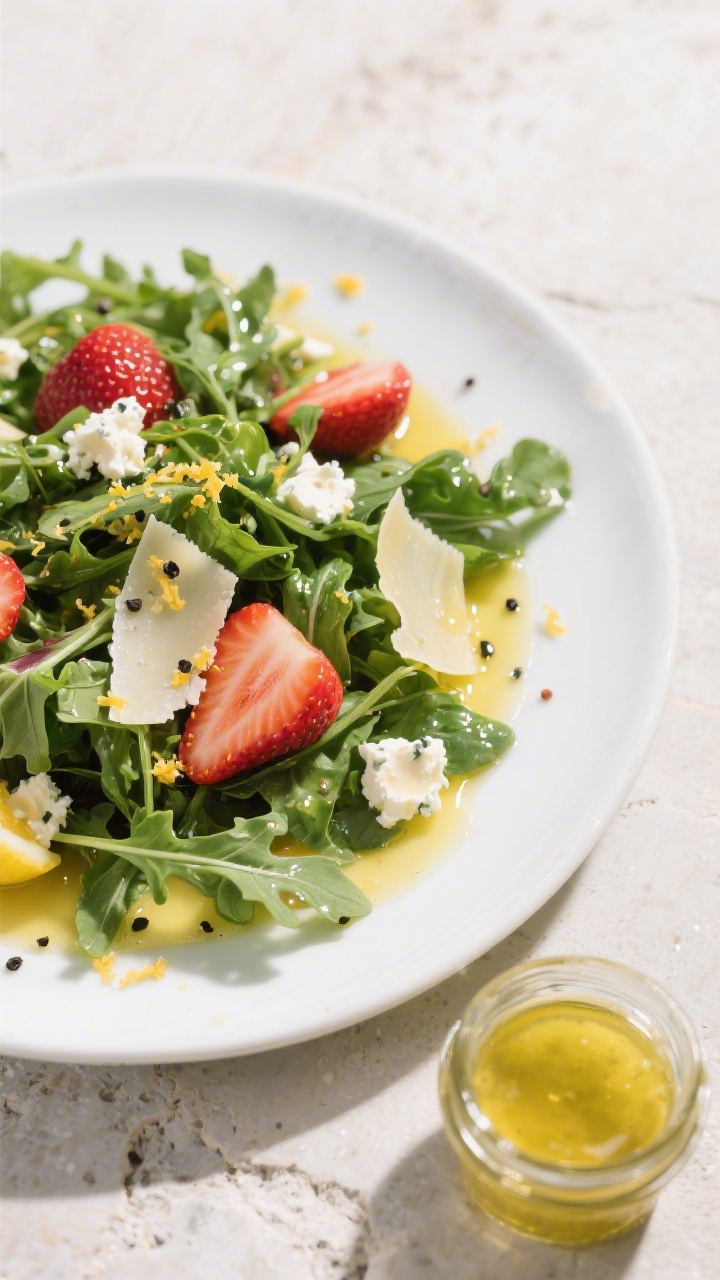 Tasty top view: Overhead shot of a vibrant mixed greens salad generously drizzled with the lemon dre