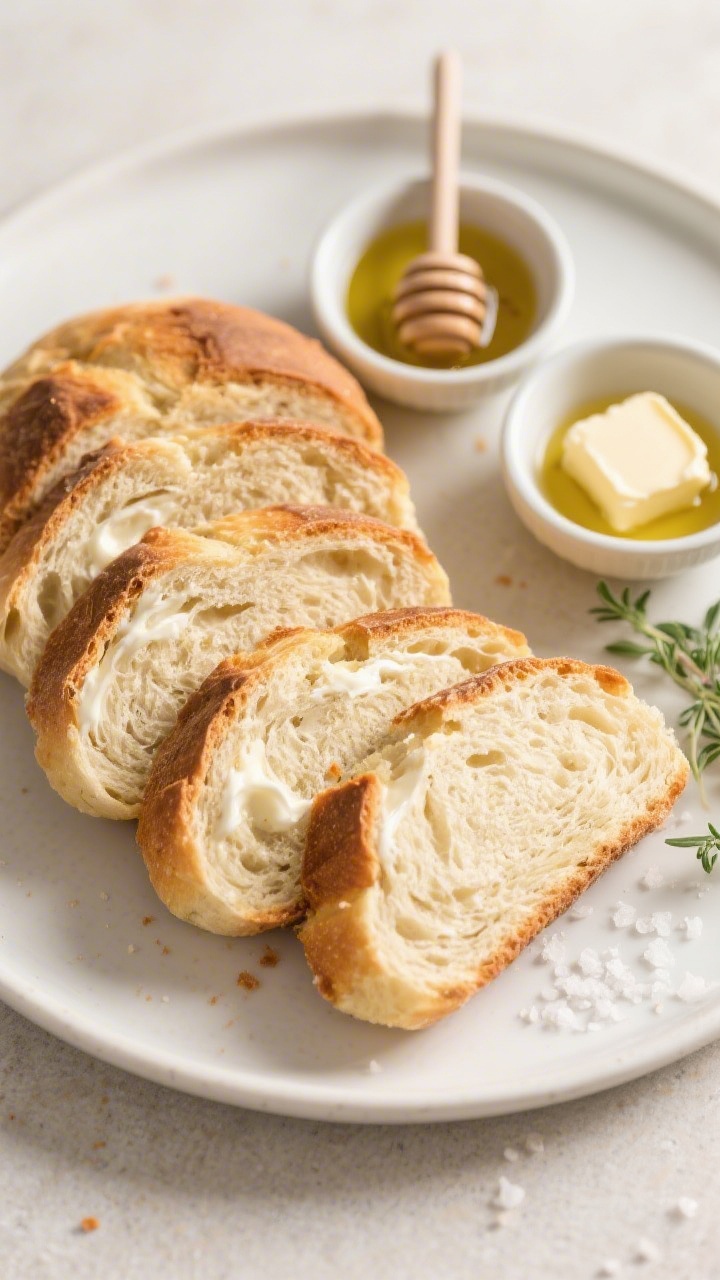 Tasty top view: Overhead shot of sliced Greek Yogurt Bread arranged fanned-out on a matte white plat